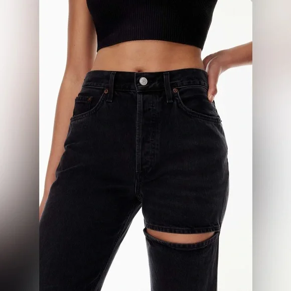 AGOLDE Lana Slice Mid-rise Straight-leg Jeans Distressed Black Gray Leg Hole - Picture 4 of 16